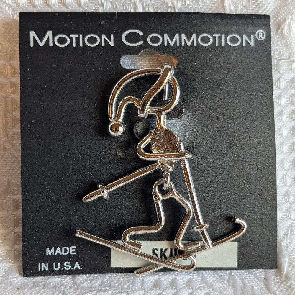 Skier Pin Brooch With Moving Parts